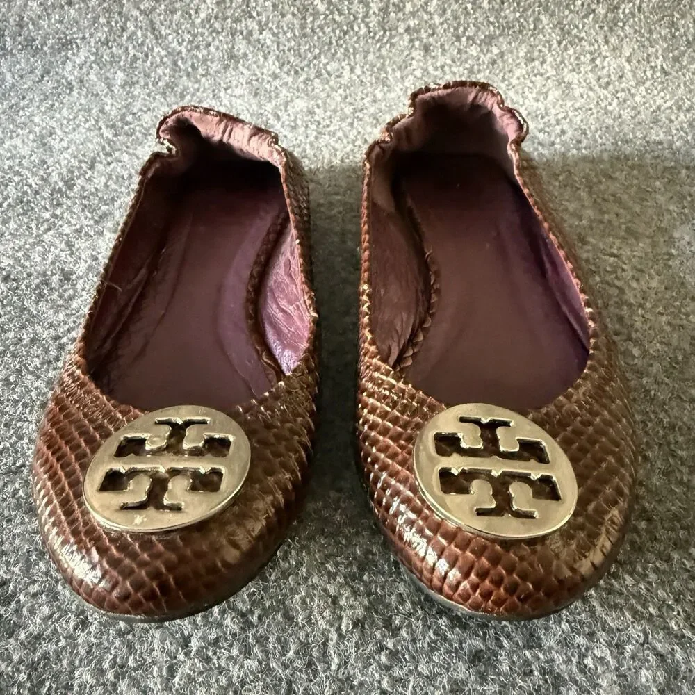 Tory Burch Reva Ballet Flat in Burgundy Snakeskin Print with Silver Medallion 37